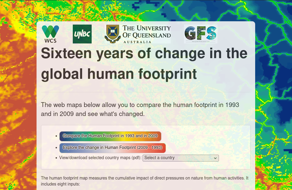 Screen shot showing previous version of the human footprint site